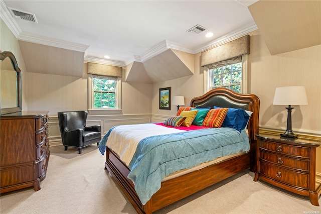 bedroom featuring light carpet and crown molding