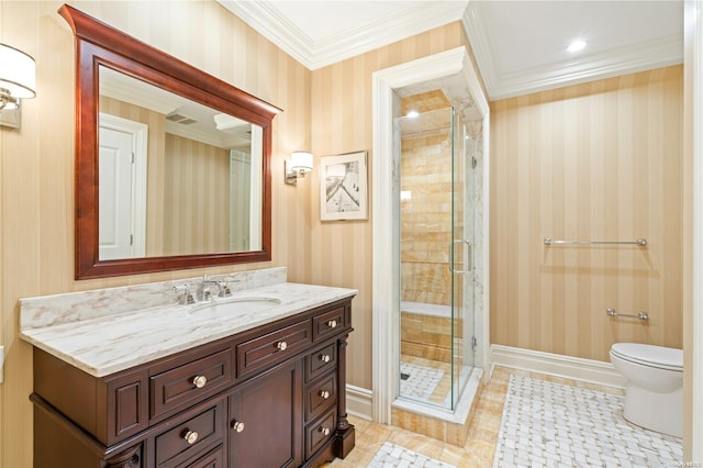 bathroom featuring tile patterned floors, toilet, a shower with door, vanity, and ornamental molding