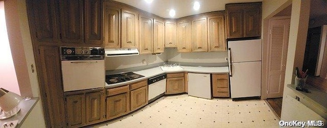 kitchen featuring sink, exhaust hood, and white appliances