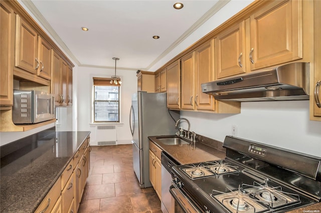 kitchen featuring stainless steel appliances, dark tile patterned floors, crown molding, and sink