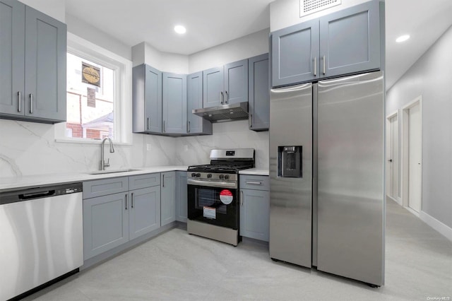 kitchen with decorative backsplash, appliances with stainless steel finishes, gray cabinetry, and sink