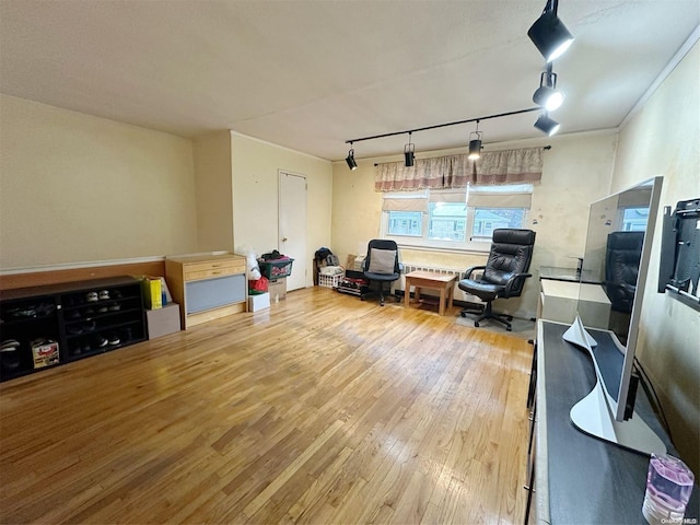 interior space featuring hardwood / wood-style flooring and rail lighting