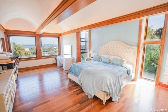 bedroom featuring multiple windows, light hardwood / wood-style floors, and vaulted ceiling with beams