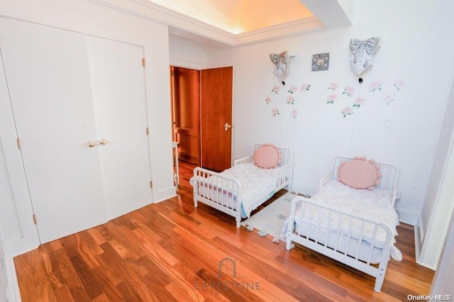 bedroom featuring hardwood / wood-style floors, a raised ceiling, and a closet