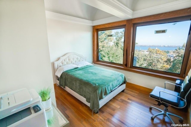 bedroom with crown molding, lofted ceiling with beams, a water view, and dark wood-type flooring