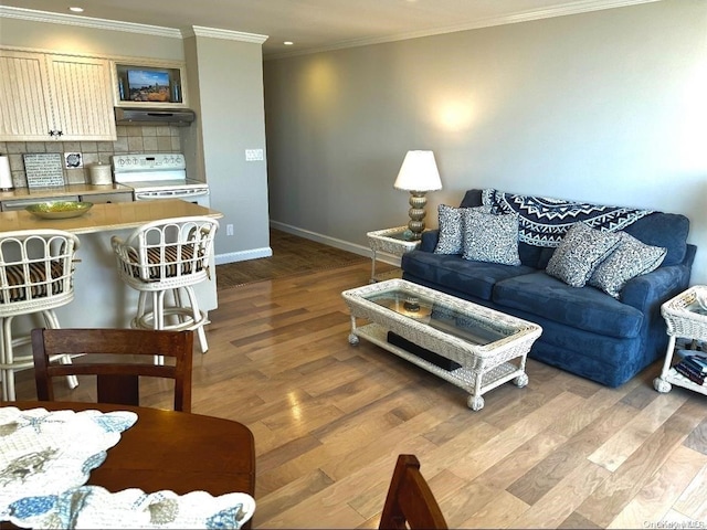 living room with ornamental molding and light hardwood / wood-style flooring