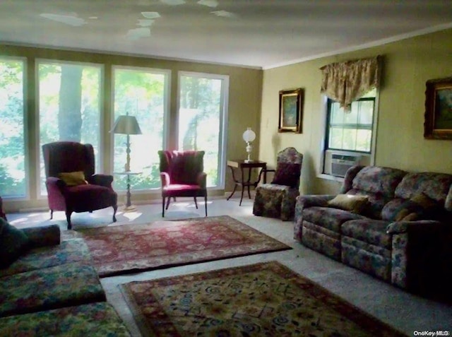 carpeted living room with cooling unit and ornamental molding