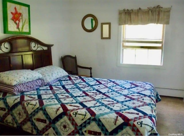 carpeted bedroom featuring a baseboard radiator