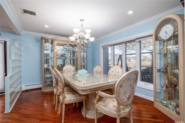 dining space with crown molding, a baseboard radiator, dark hardwood / wood-style floors, and an inviting chandelier