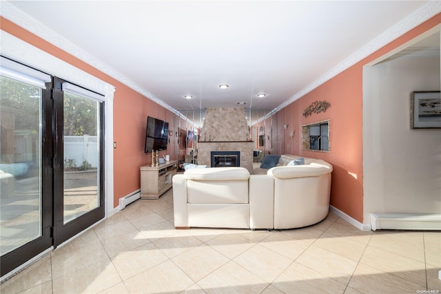 tiled living room with a fireplace, a baseboard radiator, and crown molding