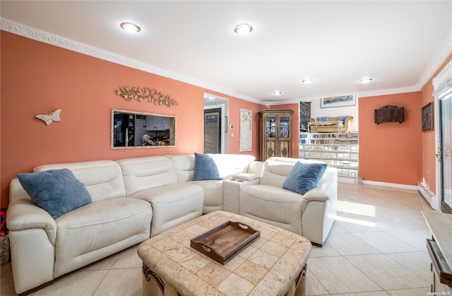 living room featuring light tile patterned flooring, ornamental molding, and a baseboard heating unit