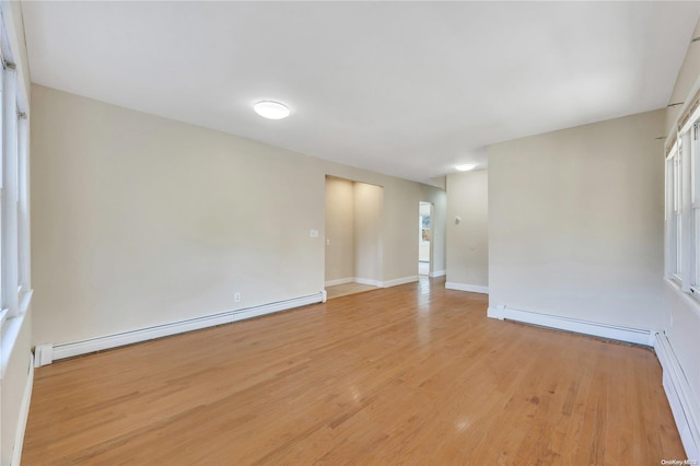 unfurnished room featuring light hardwood / wood-style flooring and a baseboard radiator