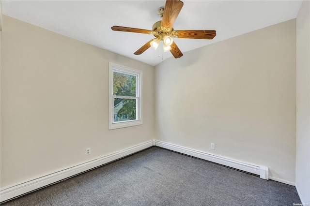 carpeted spare room with vaulted ceiling, baseboard heating, and ceiling fan