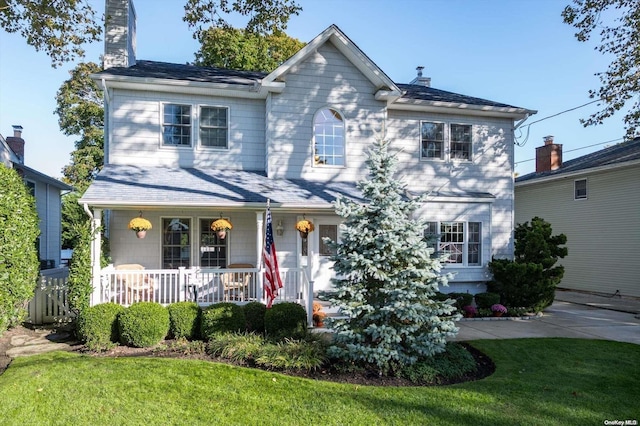 colonial-style house featuring a front yard and a porch