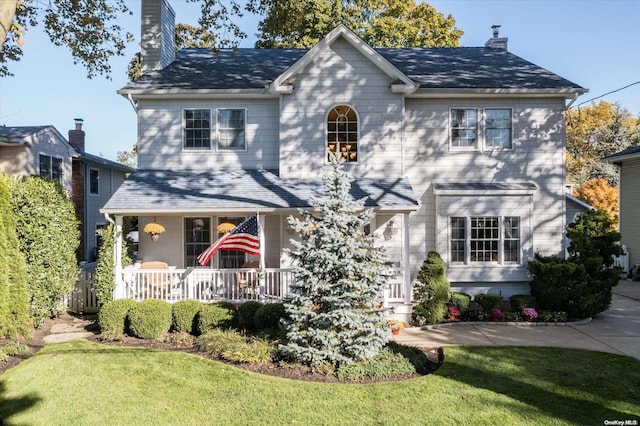 colonial home featuring a porch and a front yard