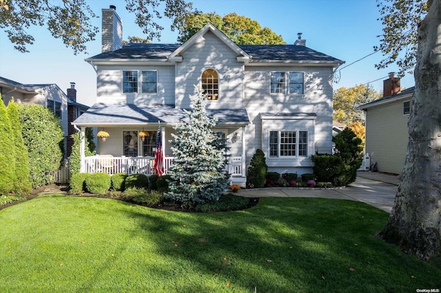 colonial house featuring covered porch and a front lawn