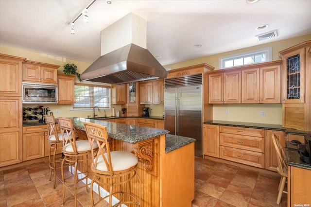 kitchen featuring built in appliances, a kitchen island, island exhaust hood, and a wealth of natural light