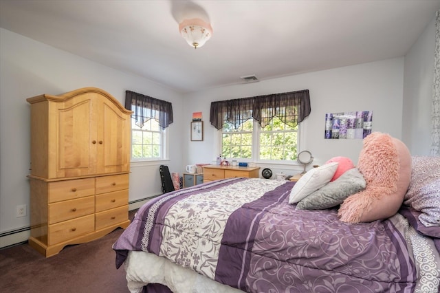 bedroom with carpet and a baseboard heating unit