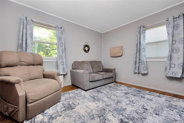 living room featuring hardwood / wood-style floors and crown molding