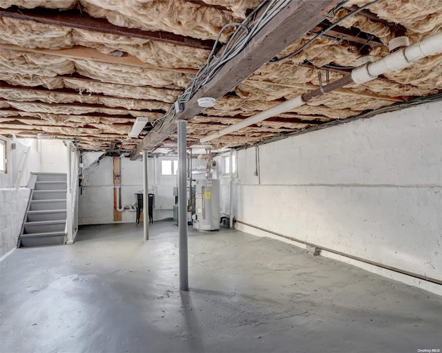 94-51 226th St, Floral Park, NY 11001 - below grade area with stairs, gas water heater, and healthy amount of natural light