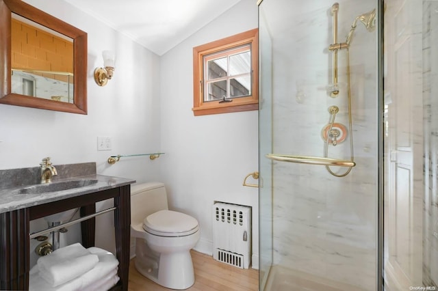 bathroom featuring radiator heating unit, wood-type flooring, vaulted ceiling, a shower with door, and vanity