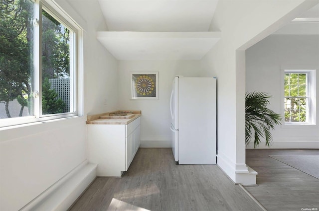 bathroom with hardwood / wood-style flooring and lofted ceiling