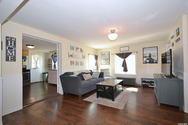 living room featuring radiator and dark hardwood / wood-style flooring