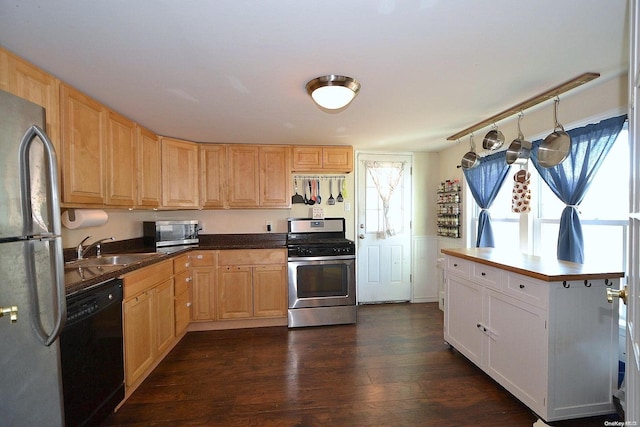 kitchen with kitchen peninsula, sink, stainless steel appliances, and dark hardwood / wood-style floors