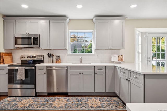 kitchen with stainless steel appliances, gray cabinets, a healthy amount of sunlight, and sink