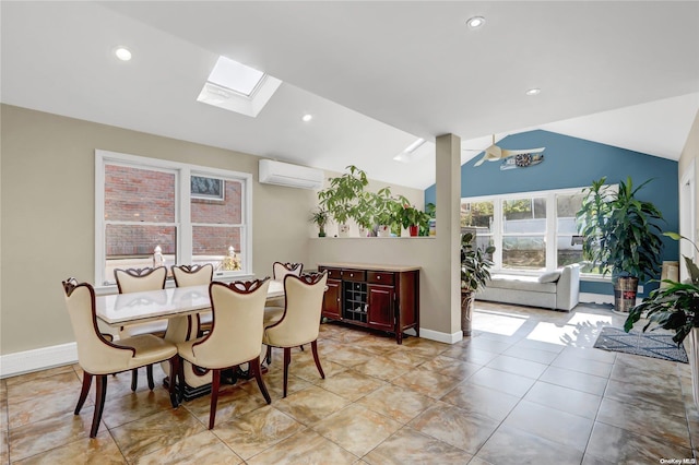 dining area featuring a wall mounted AC, vaulted ceiling with skylight, and light tile patterned flooring