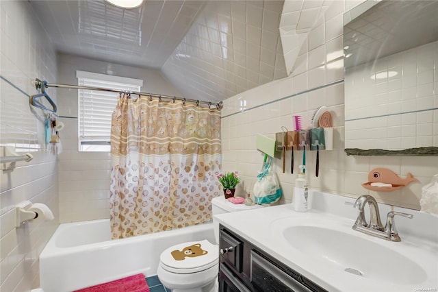 full bathroom featuring vanity, toilet, shower / bath combo with shower curtain, and tile walls