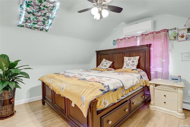 bedroom featuring light wood-type flooring, baseboard heating, ceiling fan, an AC wall unit, and lofted ceiling