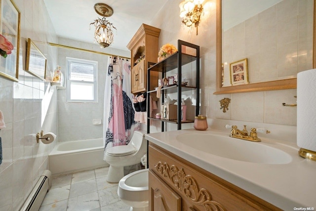 full bathroom with vanity, a baseboard radiator, shower / bathtub combination with curtain, a bidet, and toilet