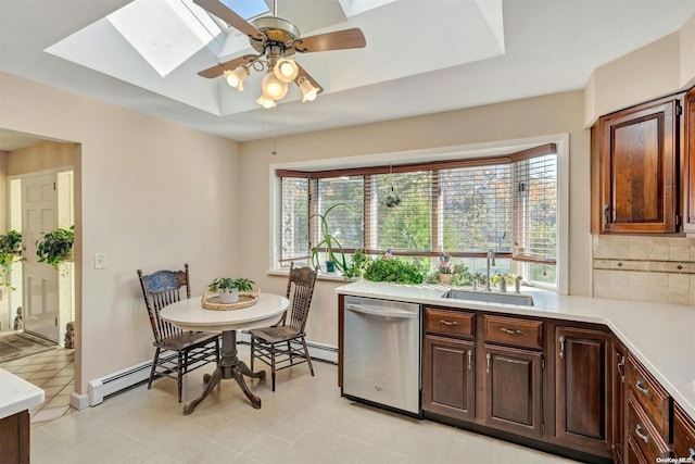 kitchen with dishwasher, plenty of natural light, sink, and a skylight