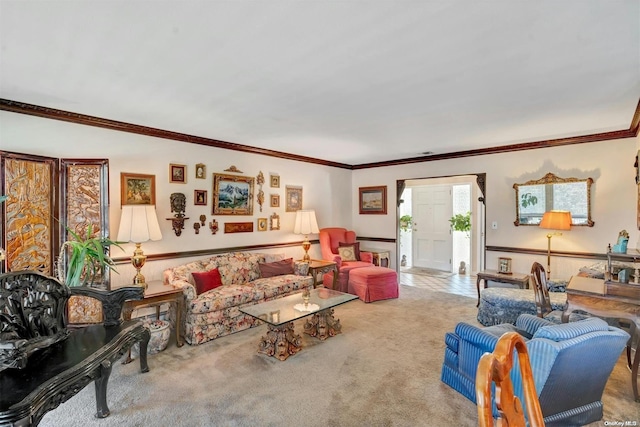 carpeted living room featuring crown molding