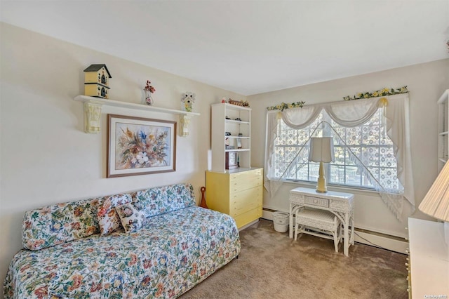 carpeted bedroom with a baseboard radiator