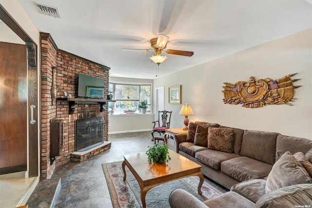 living room featuring a fireplace and ceiling fan