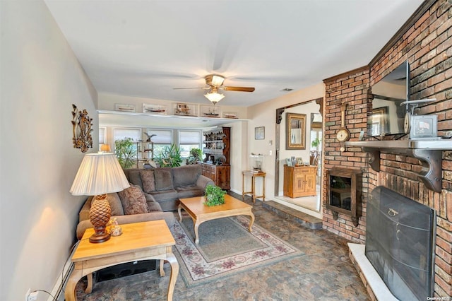 living room featuring ceiling fan and a fireplace