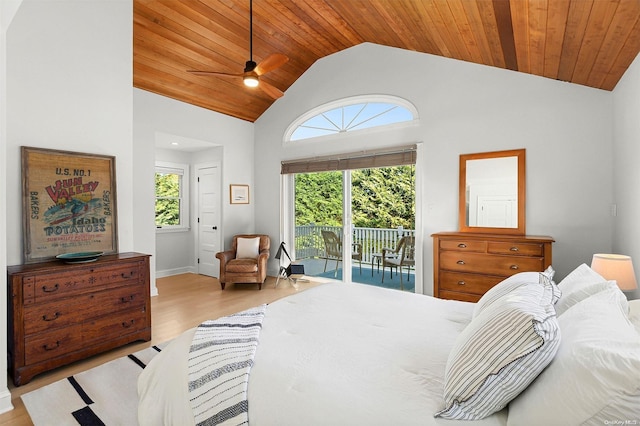 bedroom featuring access to exterior, light wood-type flooring, wooden ceiling, and high vaulted ceiling