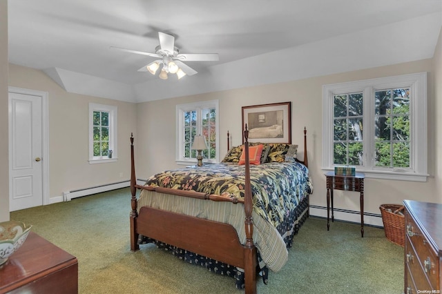 bedroom featuring multiple windows, ceiling fan, and a baseboard radiator