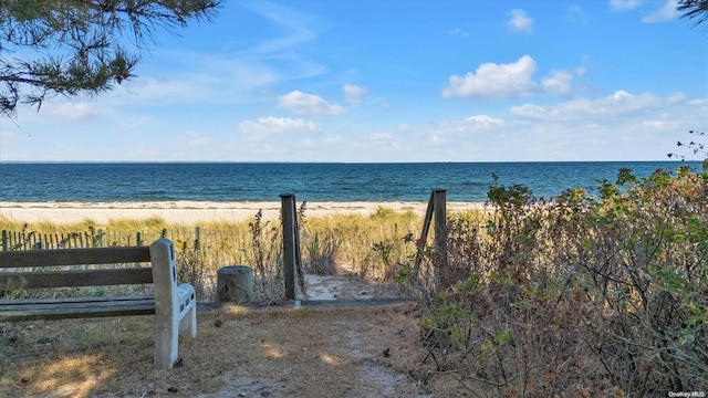 property view of water featuring a beach view