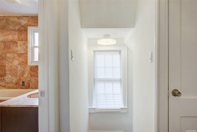 bathroom featuring a tub, a wealth of natural light, and vanity