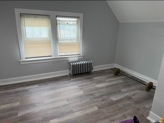 bonus room featuring radiator, vaulted ceiling, and hardwood / wood-style flooring