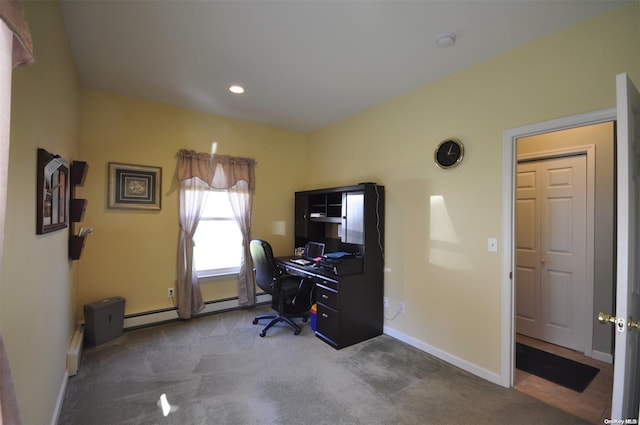 office featuring dark carpet and a baseboard radiator