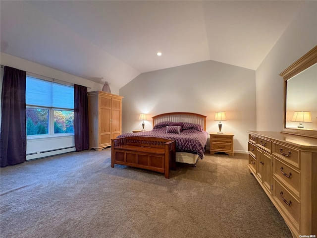 carpeted bedroom with a baseboard heating unit and vaulted ceiling