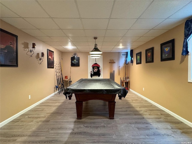 rec room featuring wood-type flooring, a paneled ceiling, and pool table