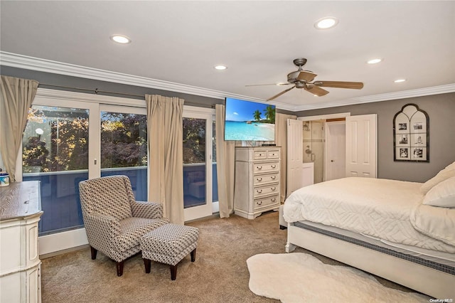 carpeted bedroom with ceiling fan, ornamental molding, and access to outside