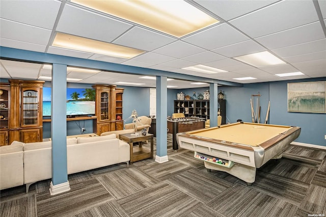 playroom with a paneled ceiling, carpet floors, and billiards