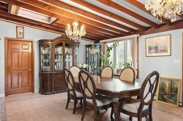 tiled dining room with a chandelier and vaulted ceiling with beams