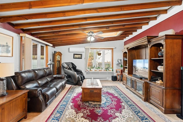 living room with ceiling fan, vaulted ceiling with beams, a baseboard heating unit, a wall unit AC, and light tile patterned flooring